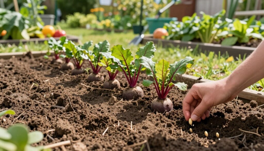 A vibrant and detailed outdoor scene depicting the direct sowing of beetroots (siew buraków) in a sunlit garden bed. In the foreground, show freshly tilled soil with neatly spaced rows of small beet seeds being sown, with a hand gently placing the seeds into the ground. The middle ground features healthy green leaves of young beet plants emerging, showcasing their distinct shape and color. In the background, a lush garden scene with various vegetables and garden tools suggests an active planting environment. The lighting is bright and warm, evoking a cheerful, productive atmosphere. The angle should capture a low perspective, emphasizing the planting process while highlighting the beauty of the garden. A vibrant and detailed outdoor scene depicting the direct sowing of beetroots (siew buraków) in a sunlit garden bed. In the foreground, show freshly tilled soil with neatly spaced rows of small beet seeds being sown, with a hand gently placing the seeds into the ground. The middle ground features healthy green leaves of young beet plants emerging, showcasing their distinct shape and color. In the background, a lush garden scene with various vegetables and garden tools suggests an active planting environment. The lighting is bright and warm, evoking a cheerful, productive atmosphere. The angle should capture a low perspective, emphasizing the planting process while highlighting the beauty of the garden.
