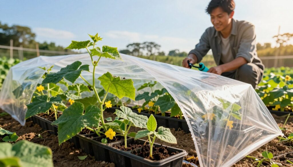 A vibrant and detailed scene of cucumber plants (Cucumis sativus) thriving in an outdoor garden, showing protective measures against cold, diseases, and pests. In the foreground, sowing trays with healthy cucumber seedlings, surrounded by protective cloches made of transparent plastic. In the middle, rows of lush green cucumber vines sprawling along warm soil, with bright green leaves and small yellow flowers. A gardener in modest casual clothing inspects the plants with a gentle smile, holding a small handheld sprayer to demonstrate pest control. In the background, a clear blue sky with soft, golden sunlight creating a warm, inviting atmosphere. The lens captures a focal depth with a sharp foreground and a slightly blurred background, enhancing the richness of the garden.