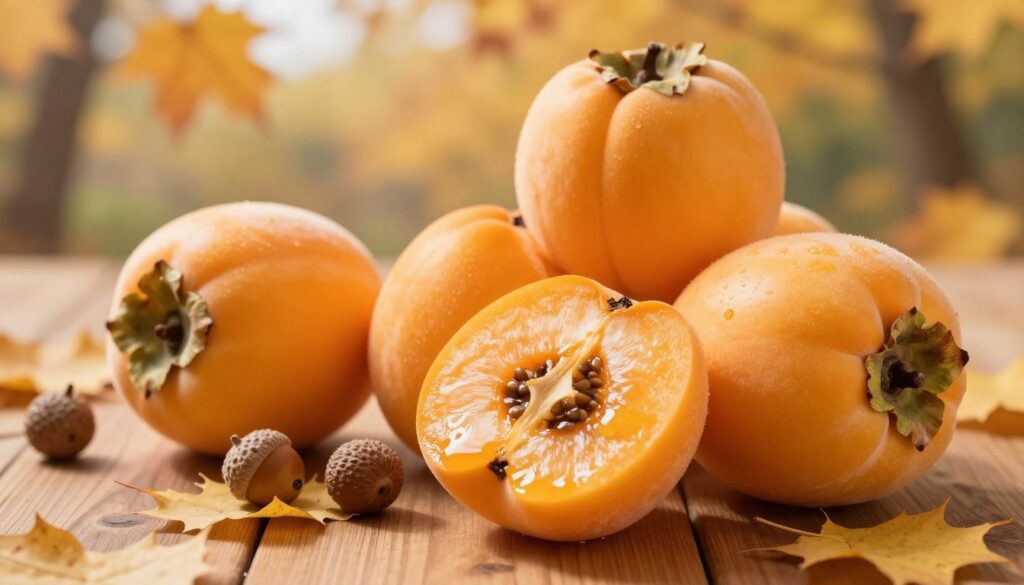 A vibrant arrangement of ripe kakis, showcasing their rich orange-yellow skin, arranged artfully on a wooden table. In the foreground, a sliced kaki reveals its smooth, honey-like flesh and seeds, illuminated softly by warm natural light. In the middle ground, a few whole kakis rest among autumn leaves and decorative acorns, emphasizing the seasonal theme. The background features a blurred autumn landscape with gently falling leaves, creating a cozy, inviting atmosphere. Capture the essence of nutritional richness and seasonal wellness, with a focus on the colors and textures that highlight the fruit's appeal. The composition should feel warm and welcoming, evoking a sense of healthy eating during the fall and winter months. A vibrant arrangement of ripe kakis, showcasing their rich orange-yellow skin, arranged artfully on a wooden table. In the foreground, a sliced kaki reveals its smooth, honey-like flesh and seeds, illuminated softly by warm natural light. In the middle ground, a few whole kakis rest among autumn leaves and decorative acorns, emphasizing the seasonal theme. The background features a blurred autumn landscape with gently falling leaves, creating a cozy, inviting atmosphere. Capture the essence of nutritional richness and seasonal wellness, with a focus on the colors and textures that highlight the fruit's appeal. The composition should feel warm and welcoming, evoking a sense of healthy eating during the fall and winter months.