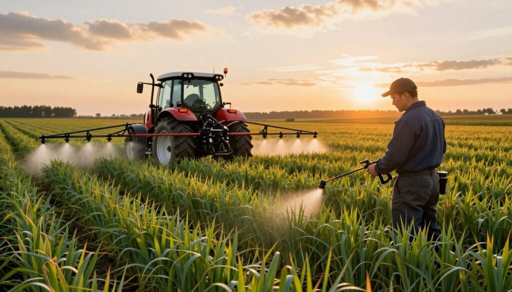 A vibrant autumn field of winter rye, showcasing lush green plants ready for herbicide application. In the foreground, a farmer in professional attire carefully inspects the crop, holding a spray nozzle. In the middle ground, a tractor equipped with a sprayer, positioned at an angle to emphasize its machinery, is actively applying herbicide. The background features a picturesque landscape with golden farmland under a soft, warm sunset that casts a golden hue over the scene. The sky is partly cloudy, enhancing the atmospheric depth. Emphasize the rich textures of the plants and the glossy finish of the machinery to convey the importance of timely herbicide application in a serene agricultural setting.