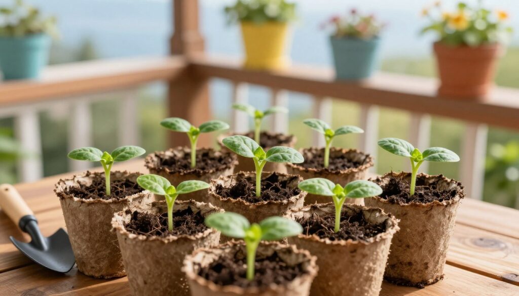A vibrant, close-up image of a variety of young cucumber seedlings (rozsady), tender and green, sprouting from small biodegradable pots filled with rich, dark soil. In the foreground, the pots are neatly arranged on a wooden balcony table, showcasing delicate leaves and soft tendrils. In the middle ground, a gardening tool, such as a small trowel, lies next to the pots, hinting at the care taken to prepare them. The background features a sunlit balcony adorned with colorful flower pots and a blue sky, creating a cheerful, inviting atmosphere. Soft, warm natural light bathes the scene, enhancing the freshness of the seedlings and inviting viewers into the joy of balcony gardening. The perspective is slightly angled downward to highlight the seedlings prominently. A vibrant, close-up image of a variety of young cucumber seedlings (rozsady), tender and green, sprouting from small biodegradable pots filled with rich, dark soil. In the foreground, the pots are neatly arranged on a wooden balcony table, showcasing delicate leaves and soft tendrils. In the middle ground, a gardening tool, such as a small trowel, lies next to the pots, hinting at the care taken to prepare them. The background features a sunlit balcony adorned with colorful flower pots and a blue sky, creating a cheerful, inviting atmosphere. Soft, warm natural light bathes the scene, enhancing the freshness of the seedlings and inviting viewers into the joy of balcony gardening. The perspective is slightly angled downward to highlight the seedlings prominently.
