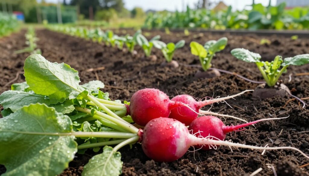 A vibrant close-up of freshly harvested radishes (rzodkiewki) nestled in rich, dark soil, showcasing their vibrant red skin and crisp white roots. In the foreground, a few radishes are partially exposed, surrounded by green, leafy tops, glistening from the morning dew. The middle ground features rows of neatly planted beetroot seedlings sprouting from the same soil, indicating the relationship between the two crops. In the background, a soft focus of a rural garden under bright, natural daylight emphasizes the lush greenery of the surrounding landscape. The image should evoke a sense of freshness and abundance, with warm, inviting lighting. Capture this from a slightly elevated angle to provide depth and dimension in the composition, ensuring a clear yet harmonious view.