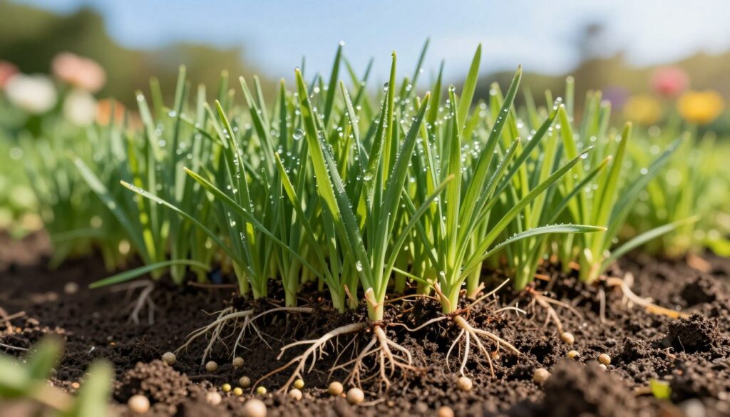 A vibrant, close-up view of fresh, green grass with visible roots and soil, showcasing the intricate network of roots that absorb nutrients. In the foreground, rich, dark soil is blended with small, natural fertilizer pellets, signaling preparation for springtime fertilization. The middle ground focuses on the lush blades of grass, glistening with morning dew, illustrating health and readiness. The background features a soft-focus garden setting with blooming flowers under a clear blue sky, creating a tranquil and inviting atmosphere. Soft, warm sunlight filters through, casting gentle shadows that enhance the details of the roots and soil. The overall mood is one of renewal and growth, ideal for encouraging effective lawn care practices.