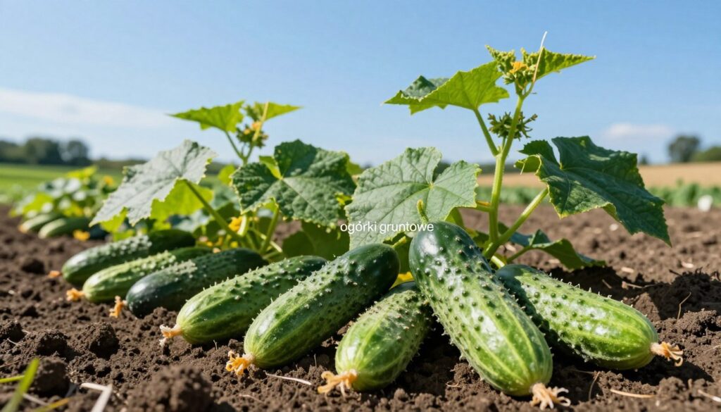 A vibrant, close-up view of fresh "ogórki gruntowe" (field cucumbers) nestled in rich, dark soil under a bright, clear blue sky. In the foreground, several glossy, green cucumbers are scattered, showcasing their bumpy textures and vivid color. In the middle ground, healthy green cucumber plants with large, heart-shaped leaves thrive, suggesting optimal growth conditions. The background fades gently into a sunny, rural Polish landscape, dotted with fields and distant trees, conveying a peaceful farming atmosphere. The sunlight casts soft shadows, enhancing the natural beauty. This scene evokes a sense of warmth, springtime, and the anticipation of harvest, ideal for illustrating the topic of optimal sowing times for cucumbers in Poland.