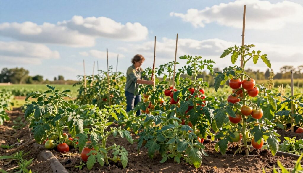 A vibrant garden scene depicting various tomato plant varieties in neat rows, illustrating their spacing for optimal airflow and growth. In the foreground, healthy tomato plants showcase differing sizes and shapes, ranging from small, bushy varieties to tall, sprawling types. The middle ground features a gardener wearing casual clothing, carefully tending to the plants and adjusting stakes for support. In the background, a sunny blue sky and soft white clouds create an inviting atmosphere, while distant green fields provide context. The lighting is warm and natural, emphasizing the lush green leaves and bright red tomatoes. The image conveys a sense of tranquility and diligent gardening, capturing the essence of cultivating tomatoes in an open field.