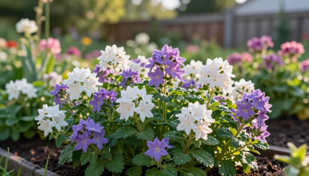 A vibrant garden scene featuring maciejka (night-scented stock) plants in full bloom, showcasing clusters of delicate, star-shaped flowers in shades of white, purple, and pink. In the foreground, detailed close-ups of lush, green leaves and blossoms provide a rich texture. The middle ground reveals a well-tended flower bed, with the sun gently illuminating the petals, highlighting the subtle dewdrops that glisten on them. Soft, warm lighting creates a serene and peaceful atmosphere, evoking the sweet, fragrant aroma that fills the air. In the background, a softly blurred view of a wooden fence and trees provides context without distraction, capturing a sunny afternoon in early summer. The image conveys a sense of growth, beauty, and nature’s tranquility, with no text or logos included. A vibrant garden scene featuring maciejka (night-scented stock) plants in full bloom, showcasing clusters of delicate, star-shaped flowers in shades of white, purple, and pink. In the foreground, detailed close-ups of lush, green leaves and blossoms provide a rich texture. The middle ground reveals a well-tended flower bed, with the sun gently illuminating the petals, highlighting the subtle dewdrops that glisten on them. Soft, warm lighting creates a serene and peaceful atmosphere, evoking the sweet, fragrant aroma that fills the air. In the background, a softly blurred view of a wooden fence and trees provides context without distraction, capturing a sunny afternoon in early summer. The image conveys a sense of growth, beauty, and nature’s tranquility, with no text or logos included.