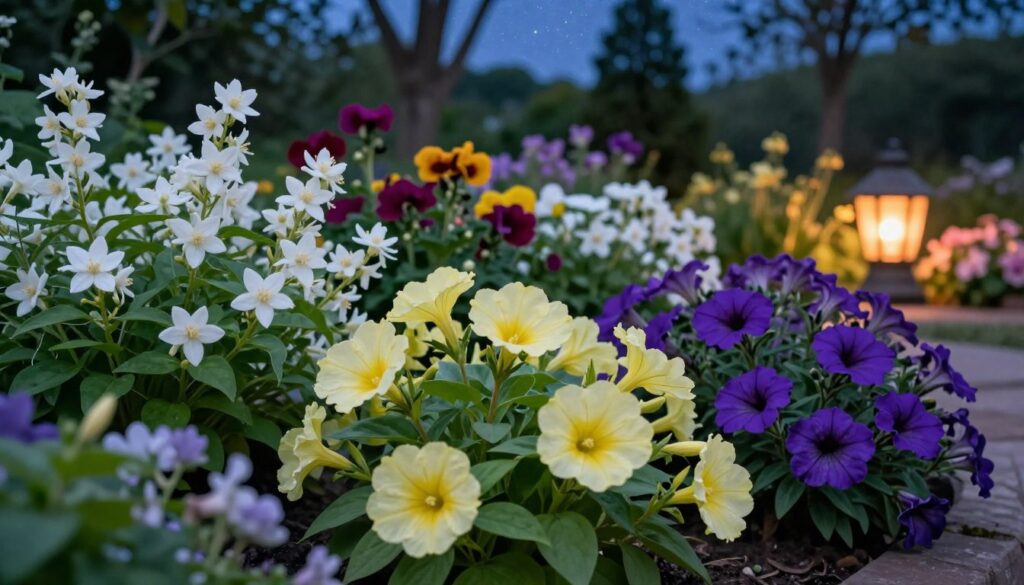 A vibrant garden scene showcasing a composition of evening primrose (Maciejka) intertwined with various other blooming flowers, including delicate white night-blooming jasmine and clusters of vibrant purple petunias. In the foreground, the Maciejka plants display their soft yellow blossoms, surrounded by lush green foliage. The middle ground features a variety of colorful flowers, creating an aesthetically pleasing palette that captures both day and night beauty. The background includes gentle silhouettes of trees under a starry night sky, with a warm glow emanating from garden lanterns that enhance the tranquil atmosphere. Soft, diffused lighting enhances the vibrant colors of the flowers, creating a serene and enchanting ambiance. The angle captures both the intricate details of the flowers and the overall harmony of the composition. A vibrant garden scene showcasing a composition of evening primrose (Maciejka) intertwined with various other blooming flowers, including delicate white night-blooming jasmine and clusters of vibrant purple petunias. In the foreground, the Maciejka plants display their soft yellow blossoms, surrounded by lush green foliage. The middle ground features a variety of colorful flowers, creating an aesthetically pleasing palette that captures both day and night beauty. The background includes gentle silhouettes of trees under a starry night sky, with a warm glow emanating from garden lanterns that enhance the tranquil atmosphere. Soft, diffused lighting enhances the vibrant colors of the flowers, creating a serene and enchanting ambiance. The angle captures both the intricate details of the flowers and the overall harmony of the composition.