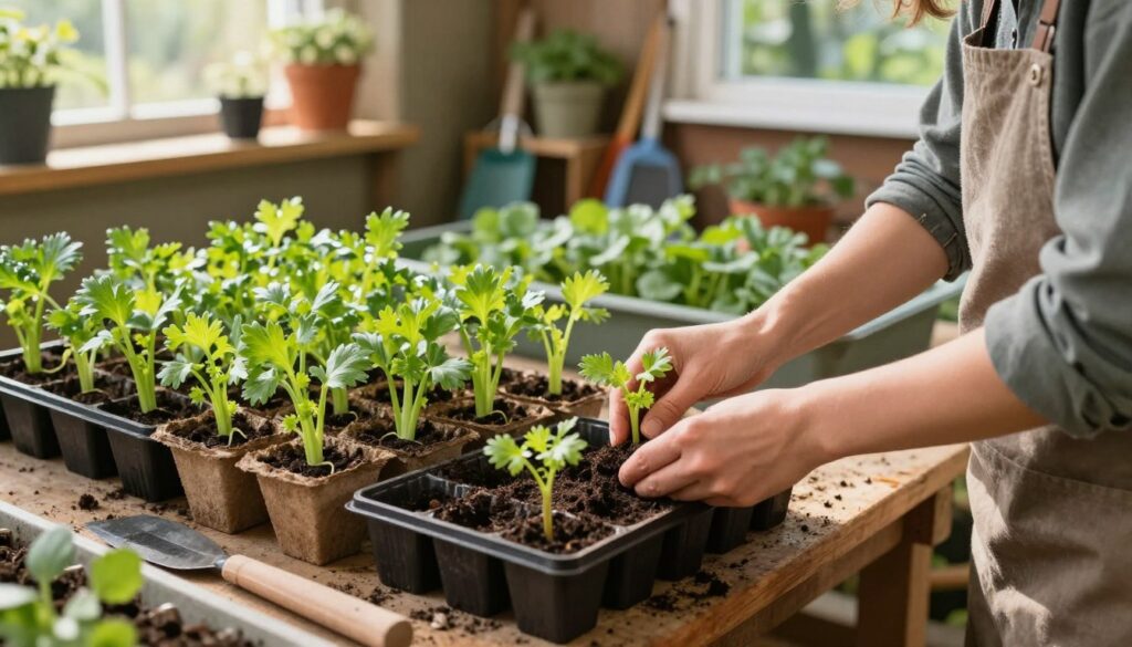 A vibrant gardening scene showcasing the process of "pikowanie" celery seedlings. In the foreground, a meticulous gardener in modest casual attire is gently transplanting young celery seedlings from a tray into larger pots, showing care and focus. The middle ground features an abundance of lush, green seedlings in various stages of growth, some in small, biodegradable pots, while others are being arranged on a wooden potting bench. The background displays an organized garden shed with gardening tools and potted plants, softly illuminated by natural sunlight filtering through an open window. The atmosphere is serene and nurturing, evoking a sense of growth and potential in the gardening process. The image is captured with a warm color palette and a shallow depth of field, emphasizing the seedlings and the act of transplanting.