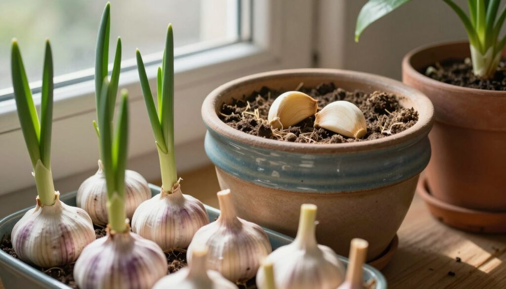 A vibrant indoor gardening scene featuring various garlic varieties suitable for planting in pots. In the foreground, display a selection of garlic bulbs, showcasing their unique shapes and colors, with healthy green shoots emerging from some. The middle ground should include a stylish ceramic pot filled with light, well-draining soil, where a couple of garlic cloves are embedded. In the background, soft natural light filters through a window, casting gentle shadows and creating a warm, inviting atmosphere. The overall mood is one of growth and potential, emphasizing a cozy home gardening environment. Shot with a shallow depth of field to blur the background slightly, focusing on the garlic and pot in detail.
