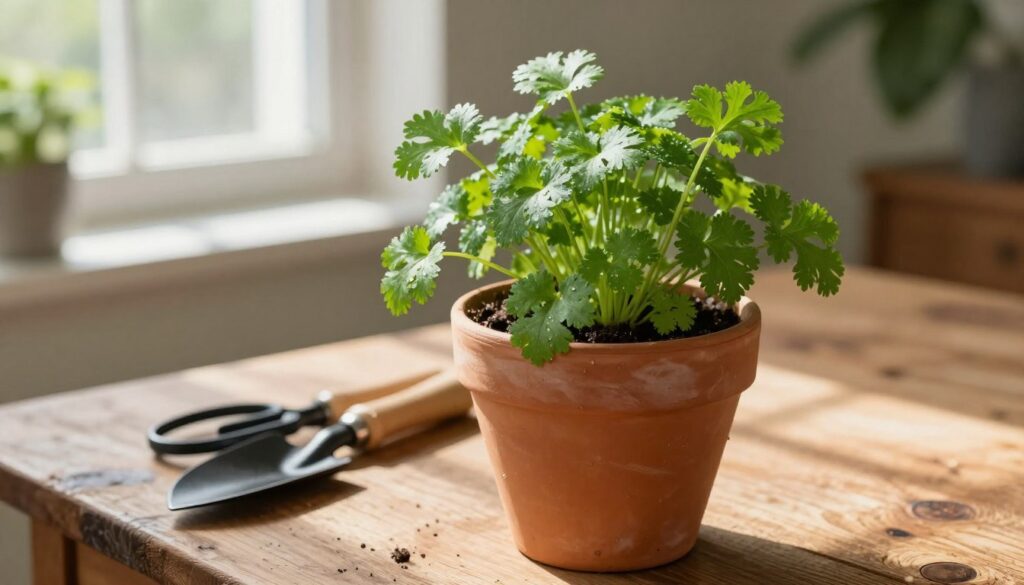 A vibrant indoor scene featuring a potted coriander plant in a decorative terracotta pot. The foreground focuses on the lush, bright green leaves of the coriander, with small droplets of water on the leaves, suggesting freshness. The middle ground includes a rustic wooden table with gardening tools like a trowel and scissors placed neatly beside the pot. In the background, soft natural light streams through a window, casting gentle shadows and creating a warm, inviting atmosphere. The scene conveys a sense of calm and care, perfect for anyone preparing to start their coriander cultivation journey.