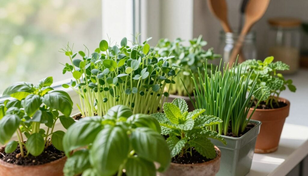 A vibrant indoor scene showcasing a variety of culinary herbs and nutritious sprouts thriving on a bright windowsill. In the foreground, close-up of lush basil, fragrant mint, and delicate chives in charming pots. The middle ground features young pea shoots and microgreens, their vibrant green colors contrasting beautifully with the earthy tones of the pots. Soft natural light filters through the window, creating a warm and inviting atmosphere. In the background, hints of a cozy kitchen can be seen, with soft-focus details of utensils and a hint of sunlight reflecting off glass jars. The overall mood is invigorating, emphasizing the joy of growing herbs and sprouts in winter, capturing the essence of health and wellness.