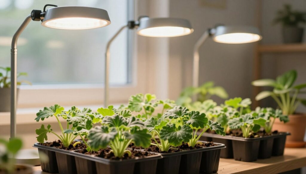 A vibrant indoor scene showcasing a well-lit workspace designed for nurturing young geranium seedlings. In the foreground, several sturdy seedling trays filled with robust pelargonium sprouts, their green leaves glistening under bright artificial grow lights. In the middle ground, an array of adjustable LED lights, emitting a soft yet bright glow, positioned at varying heights to optimize light exposure. The background features a window with soft natural light filtering in, creating a balanced illumination. The atmosphere is calm and focused, emphasizing a nurturing environment, with an emphasis on growth and health. The colors are warm and inviting, showcasing the connection between light and plant vitality, enhancing the overall mood of a nurturing gardening space.