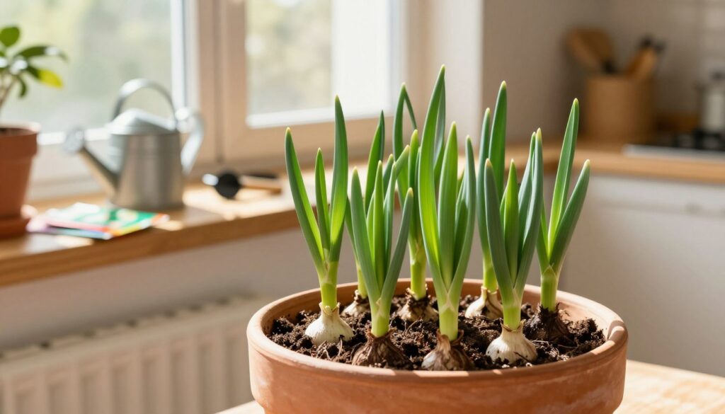 A vibrant indoor setting showcasing a well-maintained potted garlic plant in a terracotta pot. In the foreground, the lush green garlic shoots rise from rich, dark soil, glistening in soft daylight. The middle ground features a wooden windowsill decorated with small gardening tools, a watering can, and a few colorful seed packets. The background reveals a sunlit kitchen with pale walls and natural light streaming in through a window, enhancing the warm atmosphere. The scene conveys a calm and nurturing mood, ideal for gardening enthusiasts. Use warm lighting to create an inviting tone, capturing a close-up perspective of the garlic plant and its surroundings.