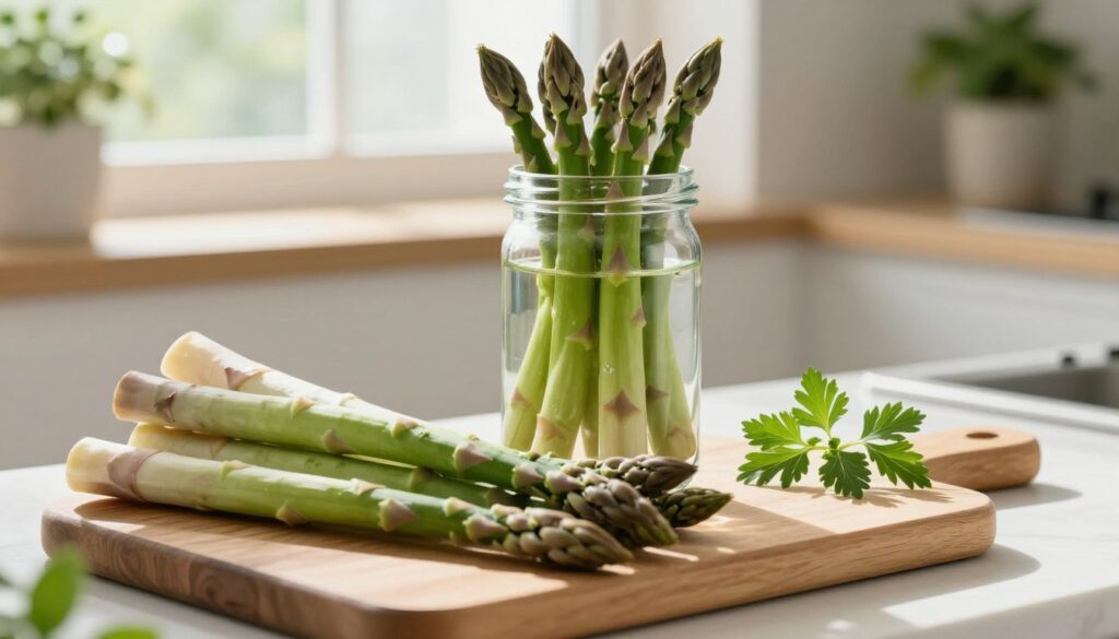 A vibrant kitchen scene featuring fresh asparagus being artfully arranged for storage. In the foreground, a basket filled with freshly harvested green asparagus spears, some standing upright while others lie elegantly draped over a wooden cutting board. The middle ground includes a sleek glass jar partially filled with water, showing how to keep asparagus fresh, with a sprig of herbs beside it for added color. The background showcases soft, natural lighting streaming through a window, casting gentle shadows, and a hint of greenery from houseplants, evoking a cozy, inviting atmosphere. The image captures the essence of freshness and health, ideal for illustrating food storage techniques.