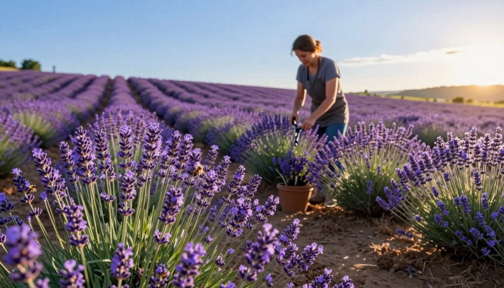 A vibrant lavender garden in full bloom during the golden hour, with lush purple flowers stretching towards a clear blue sky. In the foreground, there are clusters of delicate lavender blooms with a few honeybees buzzing around, symbolizing the vitality of the plants. In the middle ground, a gardener in modest casual attire gently prunes some lavender bushes, demonstrating care to promote abundant growth. The background features rolling fields of lavender with soft hills that fade into the horizon, bathed in warm sunlight. The atmosphere is serene and uplifting, conveying a sense of tranquility and dedication to nurturing these stunning plants, inviting viewers to imagine the sweet fragrance and beauty of this flourishing garden. A vibrant lavender garden in full bloom during the golden hour, with lush purple flowers stretching towards a clear blue sky. In the foreground, there are clusters of delicate lavender blooms with a few honeybees buzzing around, symbolizing the vitality of the plants. In the middle ground, a gardener in modest casual attire gently prunes some lavender bushes, demonstrating care to promote abundant growth. The background features rolling fields of lavender with soft hills that fade into the horizon, bathed in warm sunlight. The atmosphere is serene and uplifting, conveying a sense of tranquility and dedication to nurturing these stunning plants, inviting viewers to imagine the sweet fragrance and beauty of this flourishing garden.