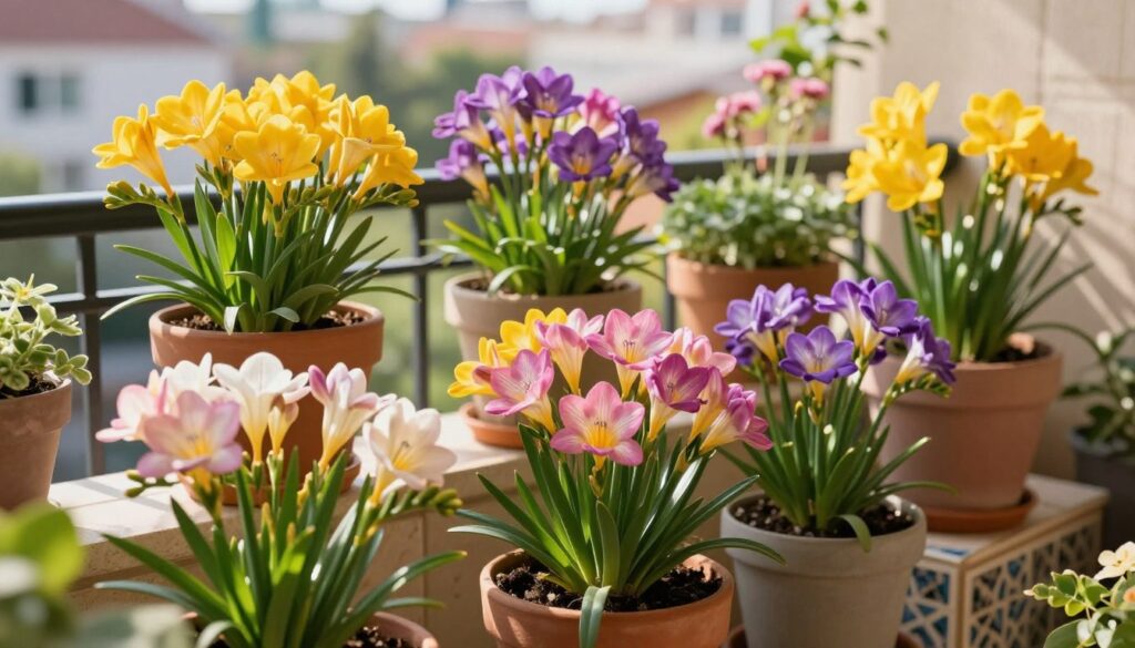 A vibrant, lush balcony garden featuring several pots of striking frezje (freesias), artistically arranged to showcase their beautiful flowers in full bloom. The foreground highlights the delicate, multicolored blooms of frezje in shades of yellow, pink, and purple, contrasting with rich green foliage. In the middle ground, the pots are placed on a stylish balcony, with subtle details of decorative tiles and a railing that enhances the scene. The background offers a soft-focus view of a sunny urban landscape, hinting at a bright day. The lighting is warm and inviting, casting gentle shadows that emphasize the flowers' textures. The atmosphere is peaceful and cheerful, evoking the joy of gardening on a sunny day.