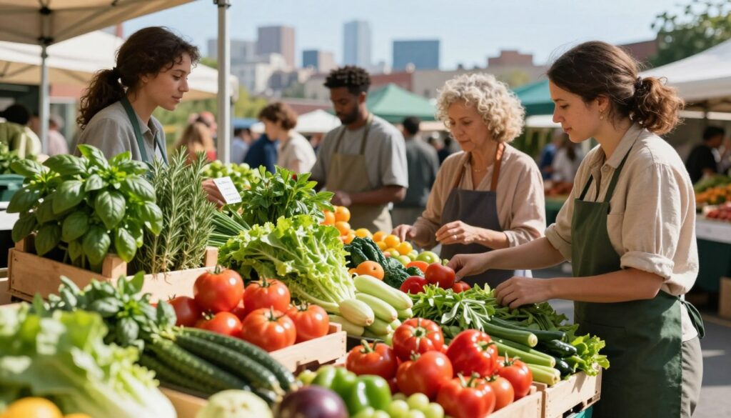 A vibrant market scene featuring a variety of fresh vegetables, fruits, herbs, and flowers, set in the foreground. Show colorful produce like tomatoes, peppers, lettuce, and aromatic herbs like basil and rosemary, elegantly arranged on wooden crates. In the middle ground, a small group of diverse individuals in modest, professional clothing engage with vendors, discussing produce and prices. The background should depict a charming urban landscape with hints of a city skyline under a clear blue sky. Soft, natural lighting enhances the freshness of the scene, casting gentle shadows and highlighting the vivid colors of the vegetables. The atmosphere should be lively and inviting, evoking a sense of community and the hustle of urban farming markets.