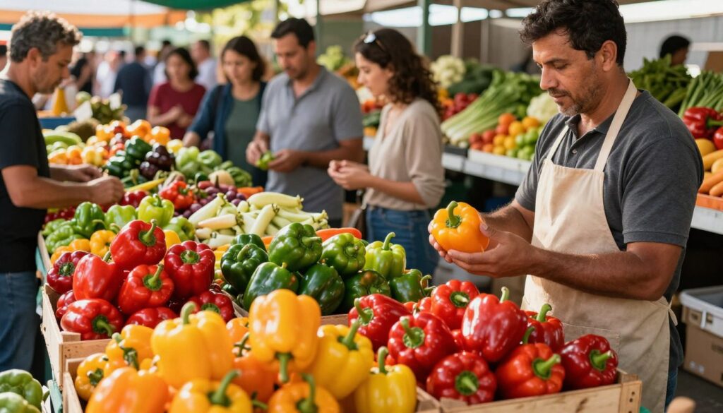 A vibrant market scene showcasing an array of colorful bell peppers, highlighting various shades of red, yellow, green, and orange, arranged beautifully on wooden crates. In the foreground, a well-groomed vendor, wearing a modest apron, inspects the peppers with a discerning eye. The middle ground features enthusiastic shoppers, casually dressed, examining the produce while discussing options with the vendor. In the background, stalls filled with other fresh vegetables and fruits create a lively marketplace atmosphere. The warm sunlight filters through above, casting inviting, soft shadows. The image captures a sense of community and freshness, emphasizing the importance of selecting ripe, sweet peppers without bitterness. The angle is slightly elevated to capture the bustling vibe of the market.