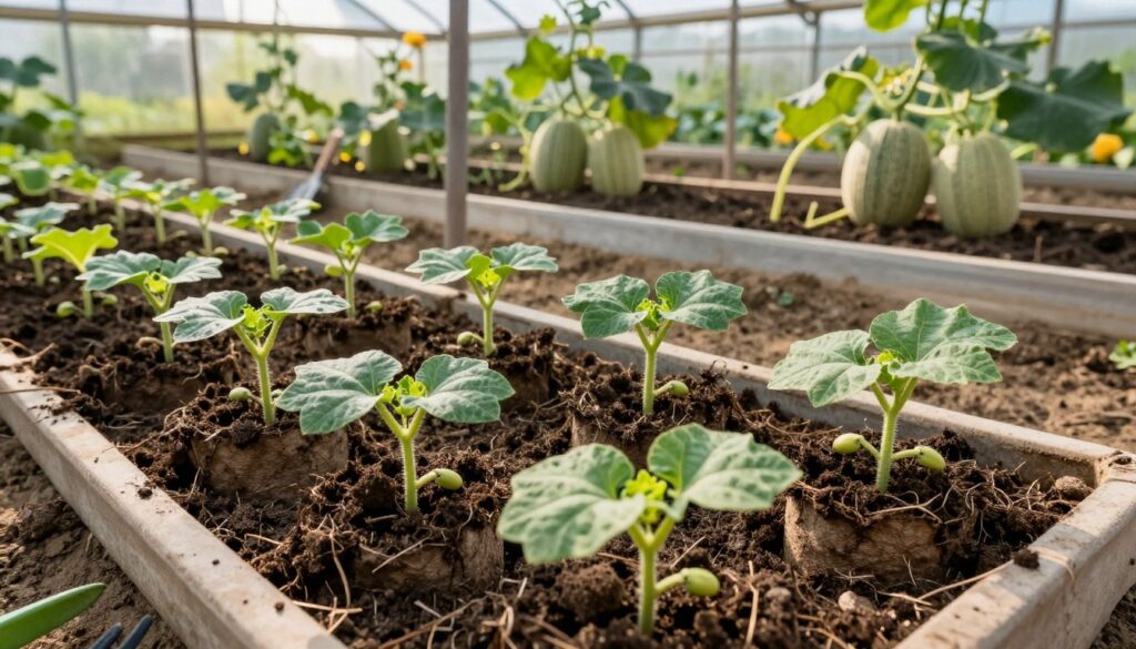 A vibrant scene depicting a step-by-step process of melon plant propagation, focusing on "sadzonki" or seedlings. In the foreground, healthy green melon seedlings are nestled in biodegradable pots filled with rich, dark soil, showcasing their delicate leaves. The middle ground features a well-maintained greenhouse tunnel filled with rows of seedlings under bright, natural sunlight, enhancing the green hues. In the background, a lush garden displays mature melons growing on vines, surrounded by soft soil and supportive trellises. The lighting is warm and inviting, creating an atmosphere of growth and nurturing. The angle is slightly elevated, capturing the entirety of the scene with a focus on the seedlings, while including some garden tools subtly positioned nearby for a touch of realism. A vibrant scene depicting a step-by-step process of melon plant propagation, focusing on "sadzonki" or seedlings. In the foreground, healthy green melon seedlings are nestled in biodegradable pots filled with rich, dark soil, showcasing their delicate leaves. The middle ground features a well-maintained greenhouse tunnel filled with rows of seedlings under bright, natural sunlight, enhancing the green hues. In the background, a lush garden displays mature melons growing on vines, surrounded by soft soil and supportive trellises. The lighting is warm and inviting, creating an atmosphere of growth and nurturing. The angle is slightly elevated, capturing the entirety of the scene with a focus on the seedlings, while including some garden tools subtly positioned nearby for a touch of realism.