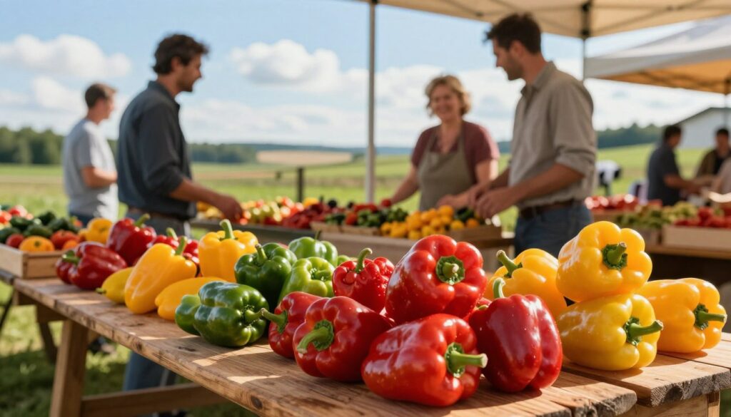 A vibrant summer market scene in Poland during pepper season, showcasing an array of colorful paprika varieties—red, yellow, and green—displayed prominently on rustic wooden tables. In the foreground, fresh, glossy peppers are artistically arranged, capturing their rich textures and natural sheen. In the middle ground, local farmers in modest casual clothing interact with customers, smiling and showcasing their produce, conveying a warm and welcoming atmosphere. In the background, a bright blue sky with a few fluffy clouds enhances the cheerful mood, while hints of green fields and rolling hills create a picturesque rural setting. The lighting is soft and warm, reminiscent of late afternoon sun, casting gentle shadows and highlighting the peppers' vibrant colors, evoking a sense of abundance and the joy of harvest season.