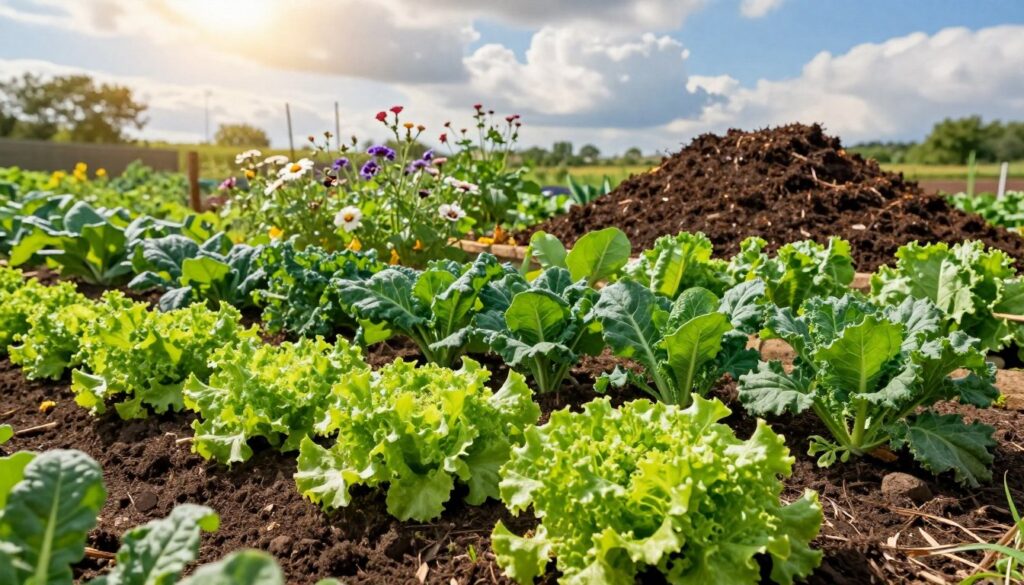 A vibrant vegetable garden in early summer, showcasing healthy, lush plants thriving in rich, dark compost. In the foreground, a variety of green leafy vegetables like lettuce, kale, and spinach are arranged in neat rows, their vibrant colors contrasting with the dark soil. In the middle ground, a delicate blend of flowering plants attracts pollinators, with a compost pile visible nearby, rich and textured with shades of brown and green. The background features a sunny sky with soft, fluffy clouds, casting warm, natural light across the scene. The mood is fresh and inviting, emphasizing the importance of compost in nurturing vegetable growth. The image should evoke a sense of abundance and gardening success, ideal for illustrating the benefits of compost in vegetable cultivation.