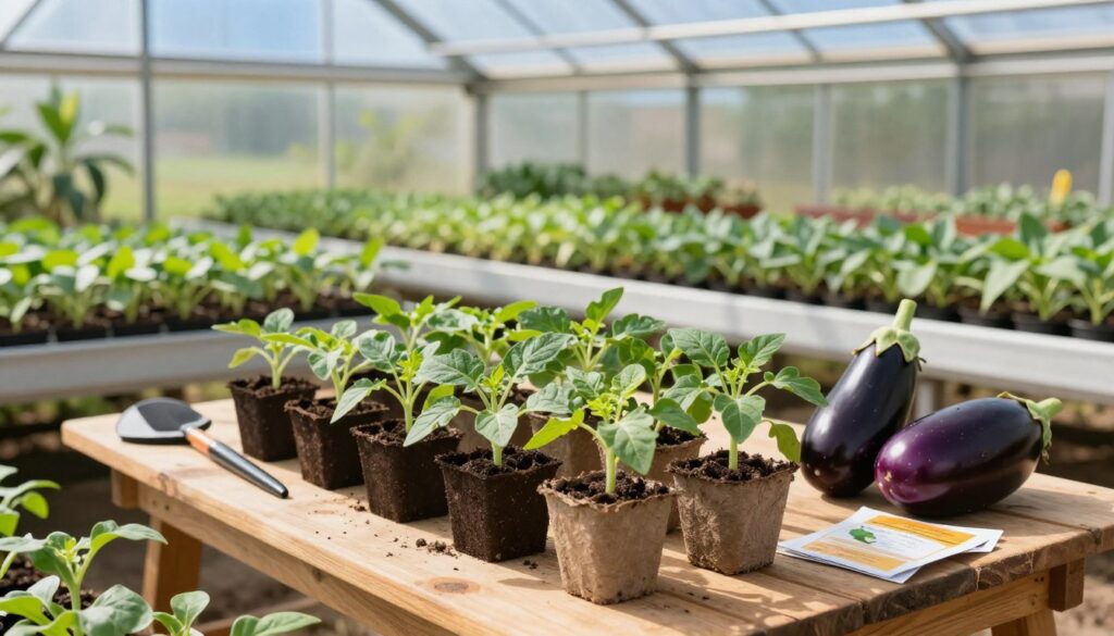 A vibrant, well-organized vegetable seedling nursery showcasing a variety of heat-loving vegetables ideal for early February sowing. In the foreground, strong green seedlings like tomatoes, peppers, and eggplants are displayed in biodegradable pots, their lush leaves visibly thriving. The middle ground features a wooden table with gardening tools and seed packets, giving a feeling of preparation and care. In the background, a sunlit greenhouse filled with rows of seedlings under a clear blue sky, enhancing the warmth and optimism of spring. Soft, natural lighting casts gentle shadows, creating an inviting mood that emphasizes growth and vitality. The focus is sharp, with a slightly blurred background to enhance the subject's prominence, inviting viewers to imagine the process of nurturing their garden.