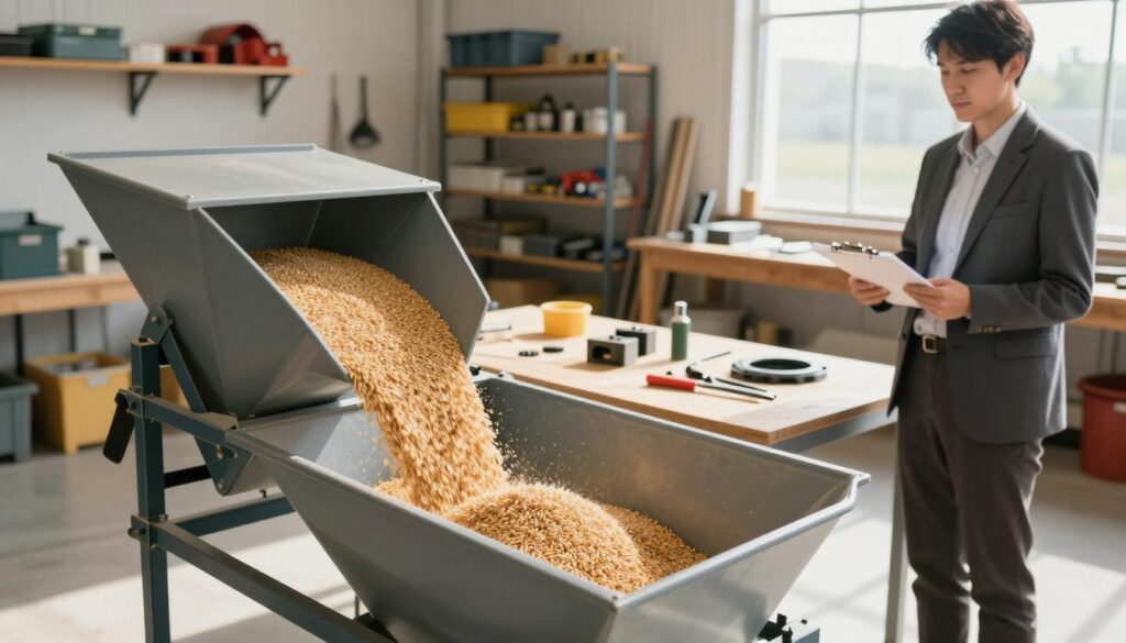 A well-lit workshop setting showcasing a grain chute in action. In the foreground, focus on the chute with grains flowing smoothly, highlighting its design and functionality. To one side, a person in professional business attire inspects the mechanism with a clipboard, demonstrating the testing process. In the middle, tools and parts are neatly arranged, indicating the maintenance aspect. The background features shelving with various agricultural tools and equipment, enhancing the workshop atmosphere. Natural light streams in from a large window, creating a bright and inviting environment. The overall mood should be one of efficiency and professionalism, reflecting a successful testing and regulation process for the grain chute.