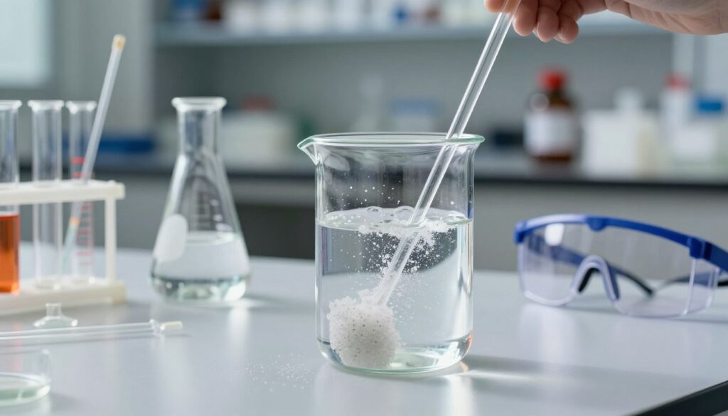 An aesthetically arranged laboratory scene illustrating the process of dissolving azofoska in water. In the foreground, a clear glass beaker filled with water showcases granules of azofoska slowly dissolving, with a stirring rod gently agitating the mixture. Bright, analytical lighting enhances the scene, casting soft reflections on the glass surface. In the middle ground, a table with various lab equipment such as measuring flasks, pipettes, and safety goggles conveys a sense of scientific inquiry. The background features a blurred shelf lined with labeled chemical containers, offering depth to the composition. The overall mood is one of curiosity and scientific exploration, emphasizing the theme of solution preparation. The camera angle is slightly tilted downwards, focusing on the beaker, creating an inviting atmosphere for the viewer.