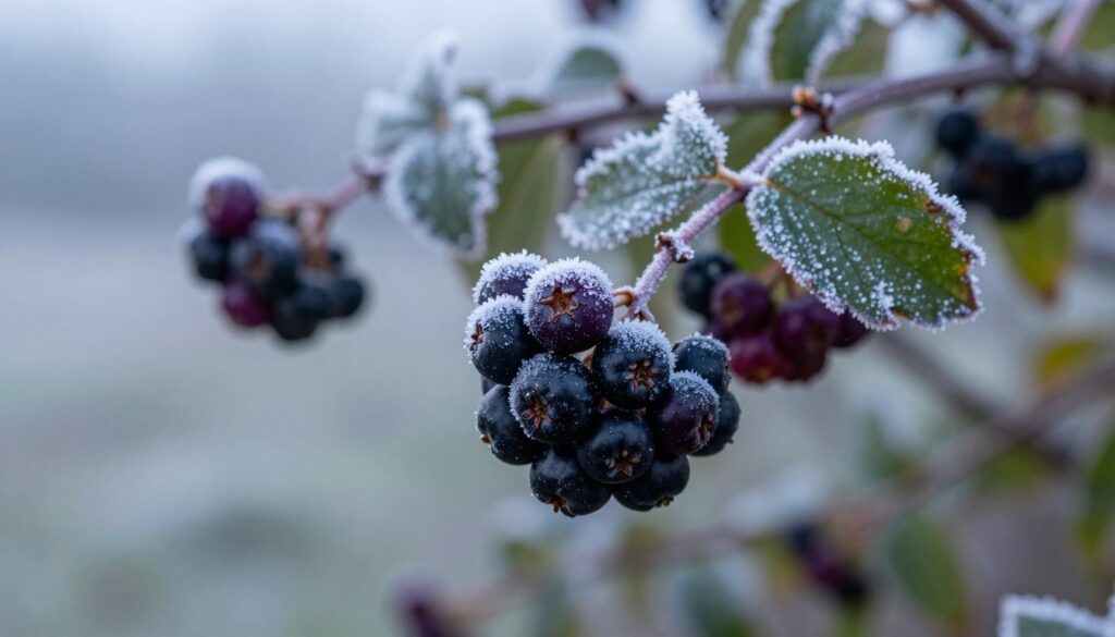 Aronia berries on branches, vividly contrasting rich black and deep purple hues, glistening with a light frost. Foreground features a single cluster of ripe berries, with a slightly open view of their shiny texture, illuminated by soft, diffused natural light. In the middle ground, delicate, frosted green leaves surround the berries, showcasing the effects of frost. The background reveals a blurred, wintry landscape, hinting at the cold air with a subtle grayish-blue tint. Capture the serene atmosphere of early morning, where the frost adds an ethereal sparkle to the scene, evoking a sense of freshness and inviting curiosity about the change in flavor after frost. Use a macro lens perspective to emphasize the details and textures of the berries and leaves.
