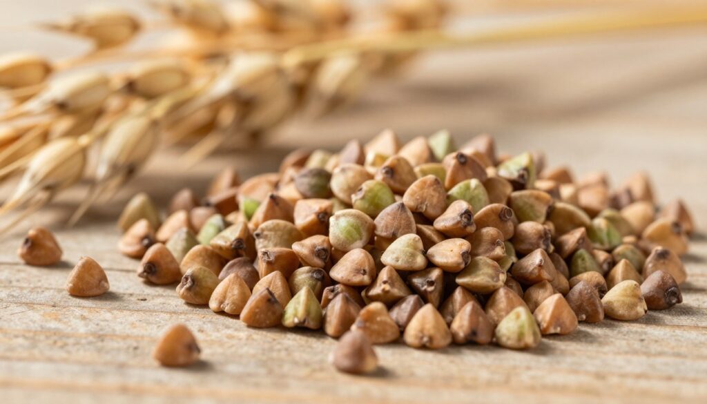 Close-up of buckwheat seeds, highlighting their unique triangular shape and earthy tones of brown and green. The foreground features a scattering of whole seeds on a rustic wooden table, showcasing the texture and sheen of each seed. In the background, softly blurred oat and barley plants hint at the agricultural context. Natural sunlight filters in from the left, creating gentle highlights and shadows that emphasize the curvature of the seeds. The overall atmosphere is warm and inviting, evoking a sense of wholesome nutrition and natural goodness. The image captures the essence of buckwheat as a nutritious "pseudograin," ready to be incorporated into healthy dishes, focusing on the beauty and simplicity of its form.