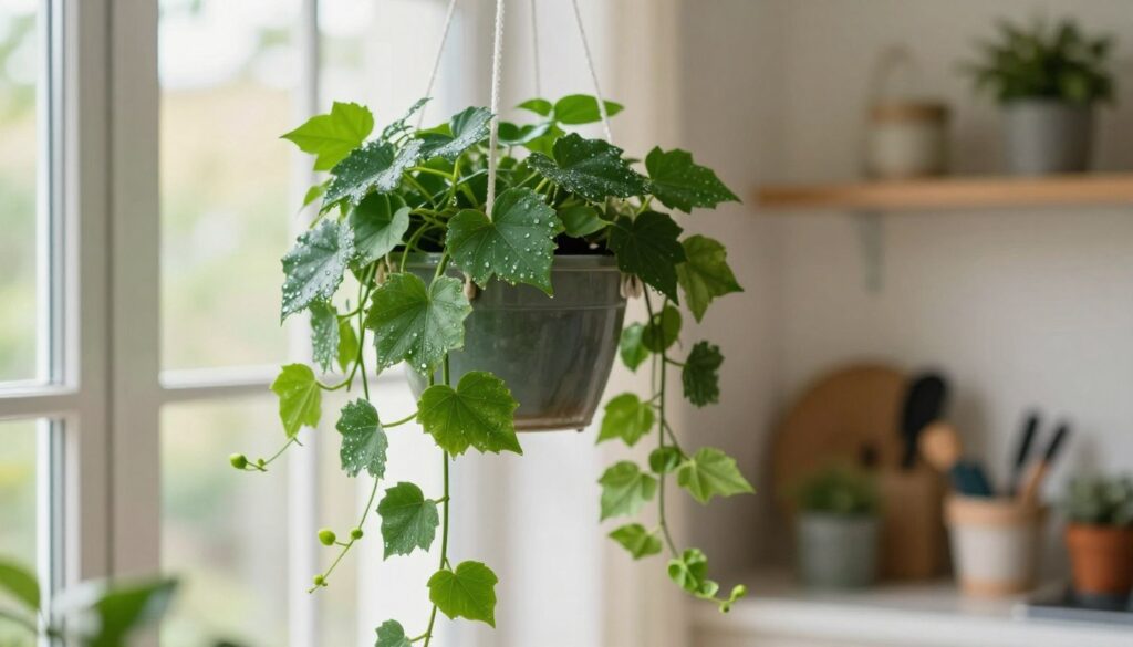 Lush green Oplątwa plants cascading elegantly from a hanging planter in a bright, cozy indoor setting. In the foreground, droplets of water shimmer on the leaves, indicating proper misting care. The middle ground features vibrant, healthy Oplątwa vines, showcasing their intricate texture and rich emerald color, framed by a gentle, natural light streaming in from a nearby window. The background reveals a softly blurred interior, with hints of a well-lit room adorned with gardening tools and decorative pots, creating a nurturing atmosphere. The overall mood is serene and inviting, reflecting a diligent care routine. Capture this scene with a warm color palette, using a soft focus lens to enhance the beauty of the plants and their environment. Lush green Oplątwa plants cascading elegantly from a hanging planter in a bright, cozy indoor setting. In the foreground, droplets of water shimmer on the leaves, indicating proper misting care. The middle ground features vibrant, healthy Oplątwa vines, showcasing their intricate texture and rich emerald color, framed by a gentle, natural light streaming in from a nearby window. The background reveals a softly blurred interior, with hints of a well-lit room adorned with gardening tools and decorative pots, creating a nurturing atmosphere. The overall mood is serene and inviting, reflecting a diligent care routine. Capture this scene with a warm color palette, using a soft focus lens to enhance the beauty of the plants and their environment.